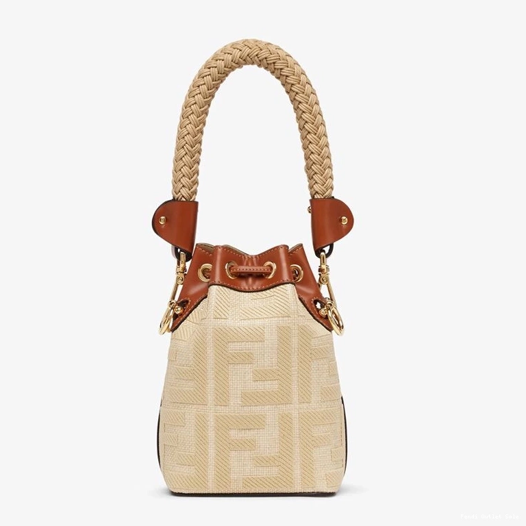 Affordable Fendi Straw Bag Mini FF Beige with Straw Mon Motif Tresor Bucket In Handle 0811